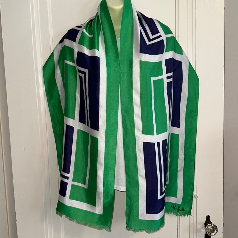 Vintage mid century Raffaello green, white & navy blue acetate‎ long scarf